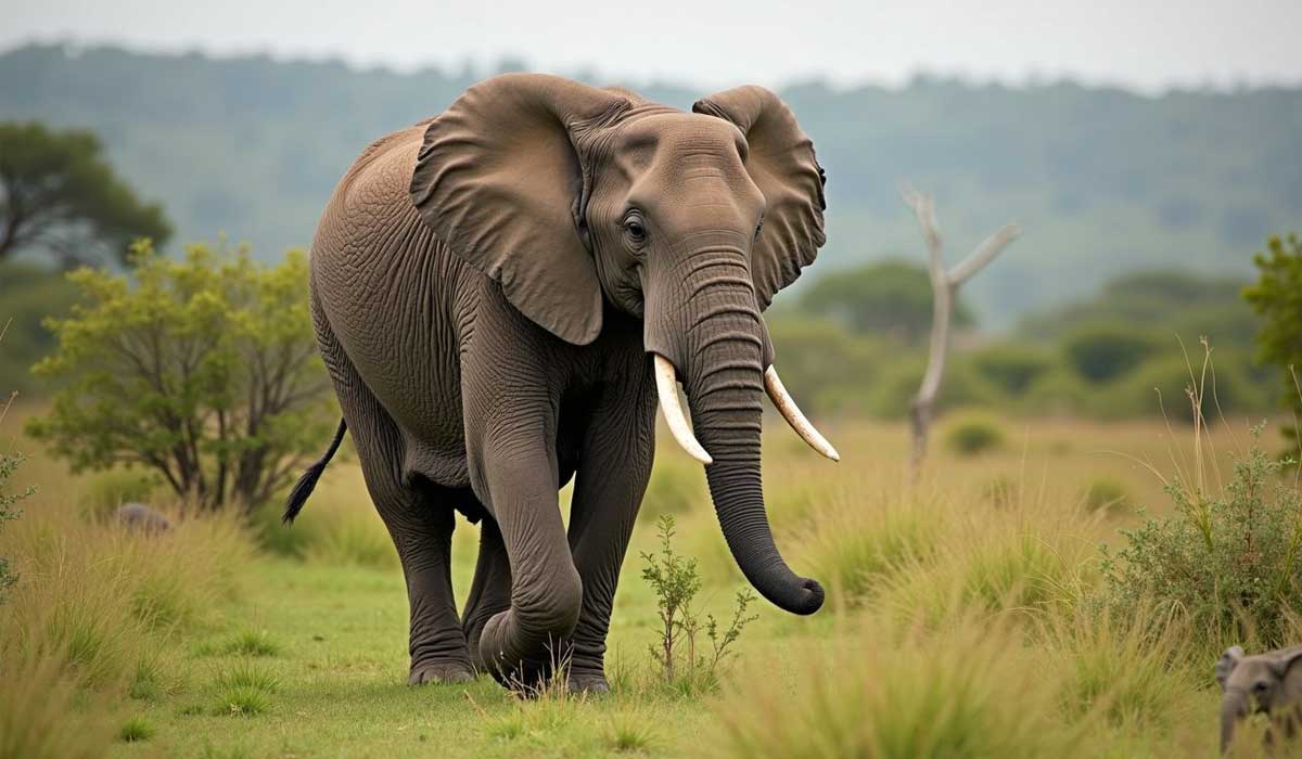 An adult elephant with large tusks walks through grassy terrain in a natural landscape, with trees and shrubs in the background.
