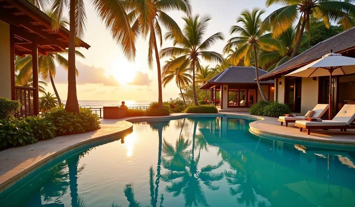 Luxury pool surrounded by palm trees and lounge chairs, with villas nearby and the sun setting over the ocean in the background.