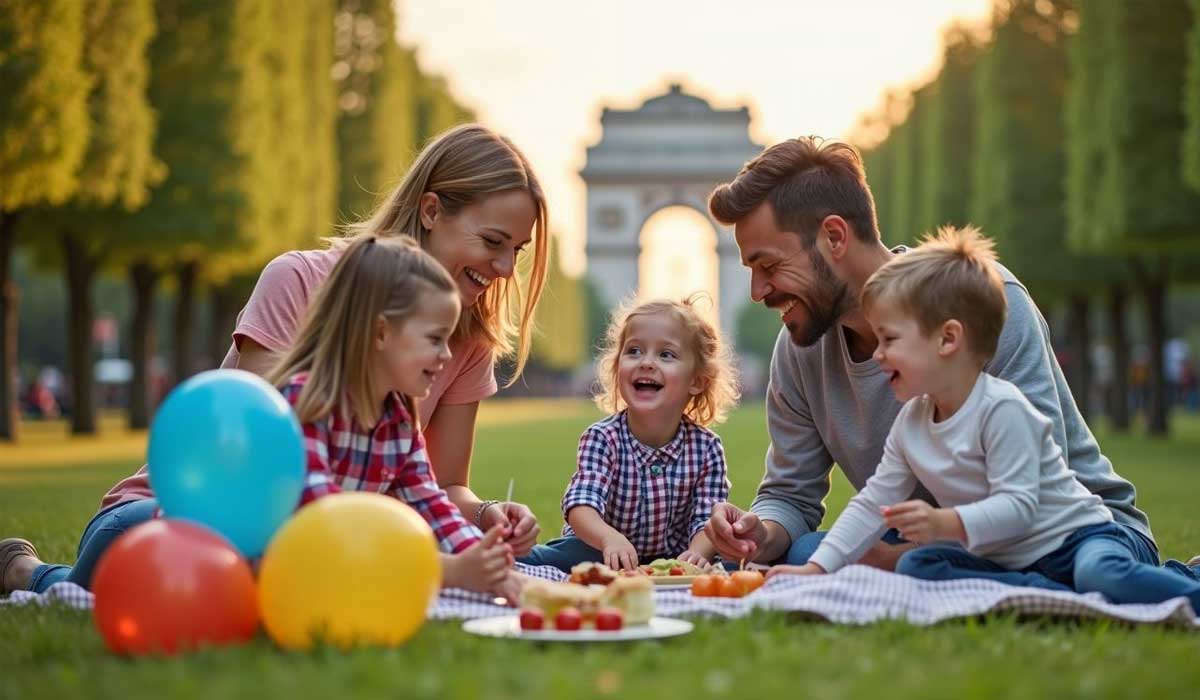 A family with three young children has a picnic on grass near the Arc de Triomphe, surrounded by balloons and food, smiling and enjoying the outdoors on a sunny day.