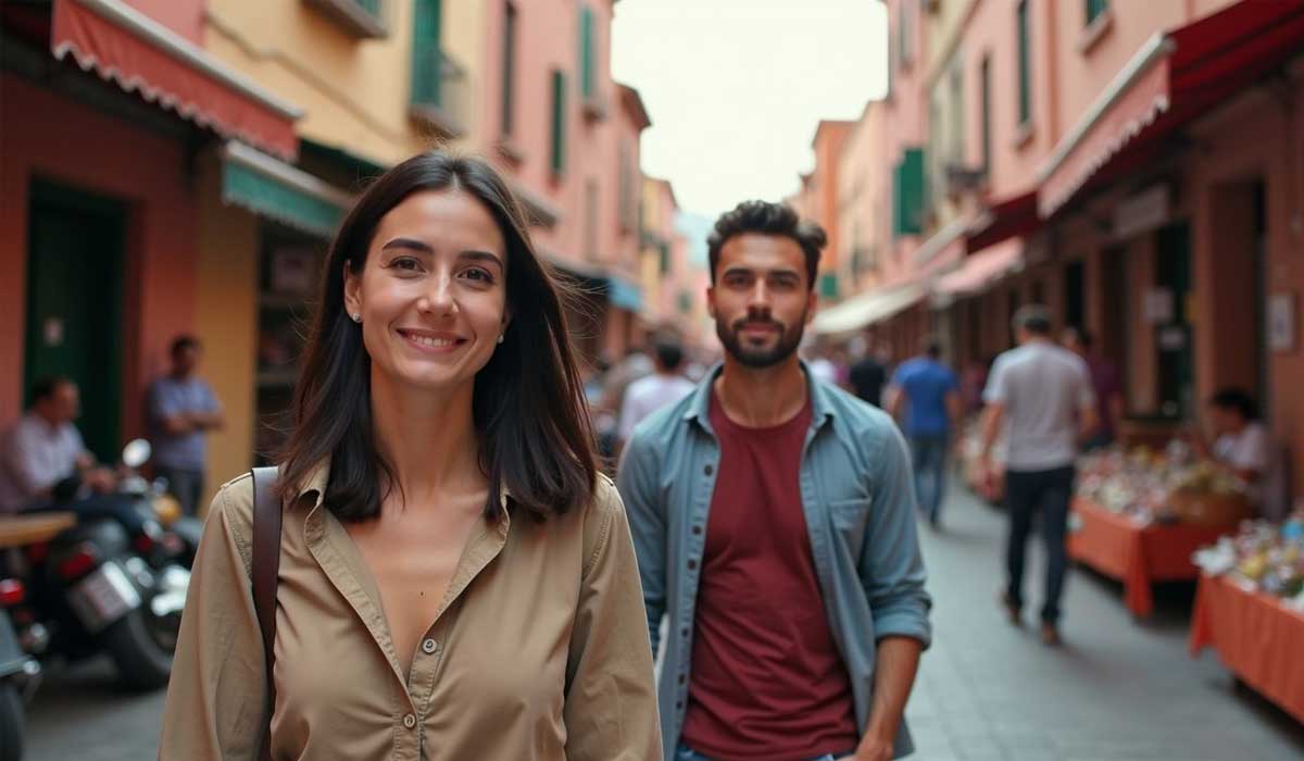 A woman stands in focus smiling at the camera, with a man and outdoor market stalls blurred in the background on a city street.