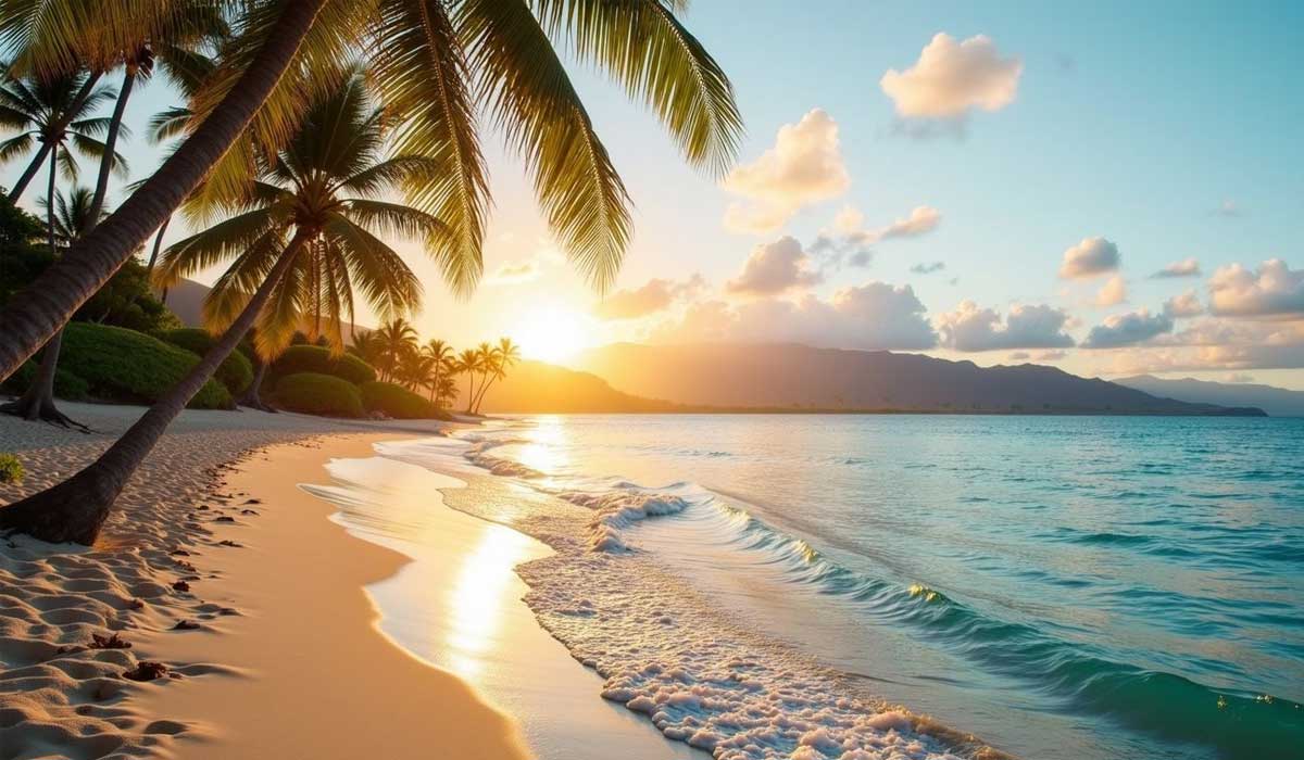 Sandy beach with palm trees at sunrise, gentle waves washing ashore, and distant mountains under a partly cloudy sky.