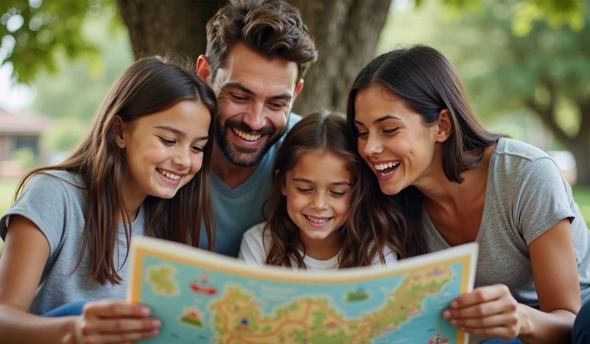 A family of four sits outdoors under a tree, smiling as they look at a colorful map together.