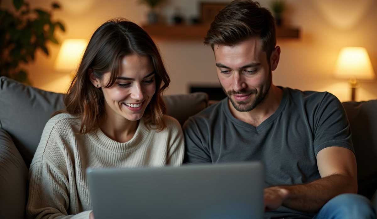A woman and a man sit together on a couch, looking at a laptop screen and smiling, with warm lighting and lamps in the background.