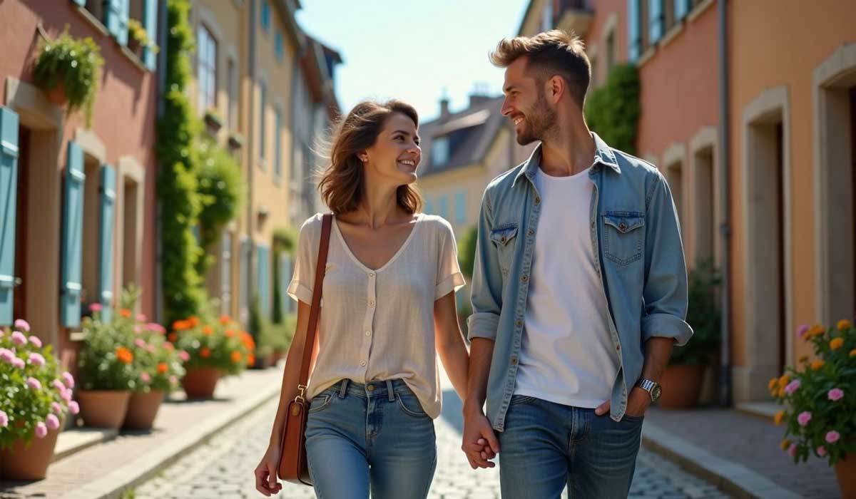 A man and a woman walk hand in hand down a cobblestone street lined with colorful buildings and flowers, smiling at each other.