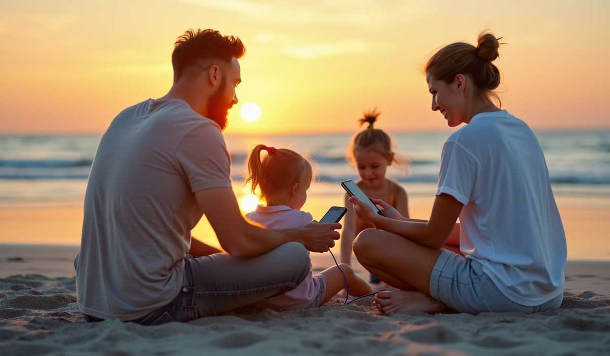 A family of four sits on the beach at sunset, with two adults and two children looking at smartphones while seated on the sand.