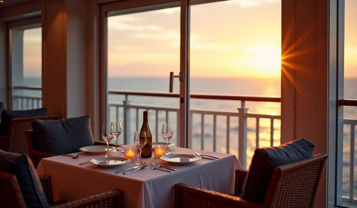A table set for two with wine and candles overlooks the ocean at sunset through large windows, creating a serene dining atmosphere.