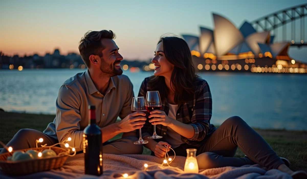A couple sits on a picnic blanket with wine, smiling at each other, with the Sydney Opera House and Harbour Bridge visible in the background at dusk.