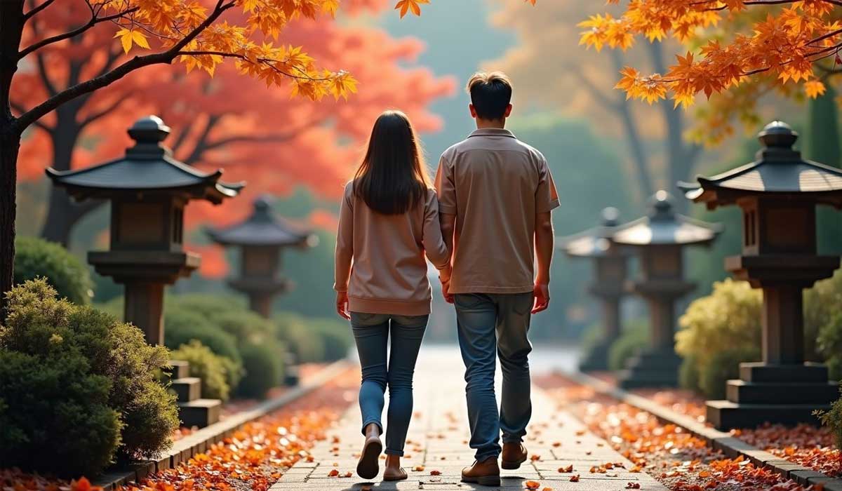 A couple walks hand in hand down a stone path lined with Japanese lanterns and autumn trees with orange leaves.