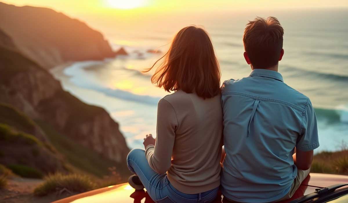 Two people sit side by side on a vehicle’s hood, overlooking a coastal cliff and ocean at sunset.
