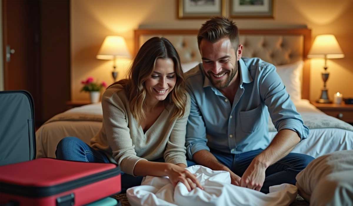 A smiling couple sits on a bed in a cozy, warmly lit room, packing a suitcase with clothes.