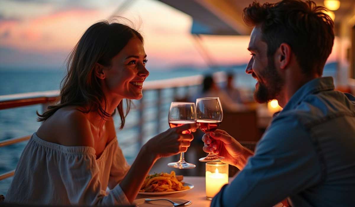 A couple clinks wine glasses at a candlelit dinner on a ship’s deck during sunset, with the ocean in the background.