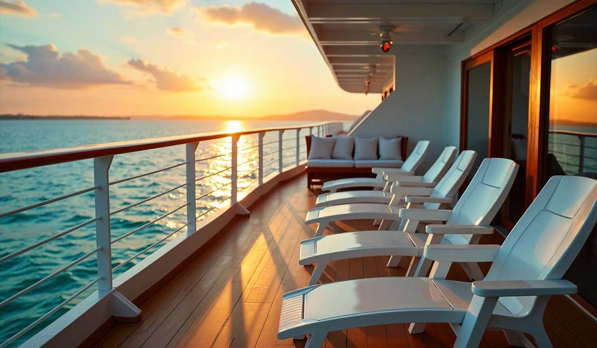 Row of empty white deck chairs on a cruise ship balcony overlooking the ocean at sunset, with calm water and a clear sky in the background.