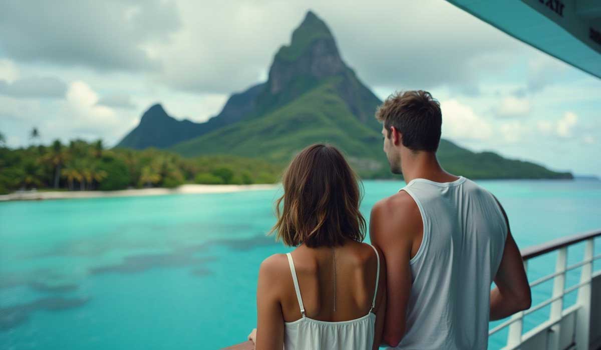 A couple stands on a boat deck, looking at a tropical island with turquoise water and a mountain peak in the distance.