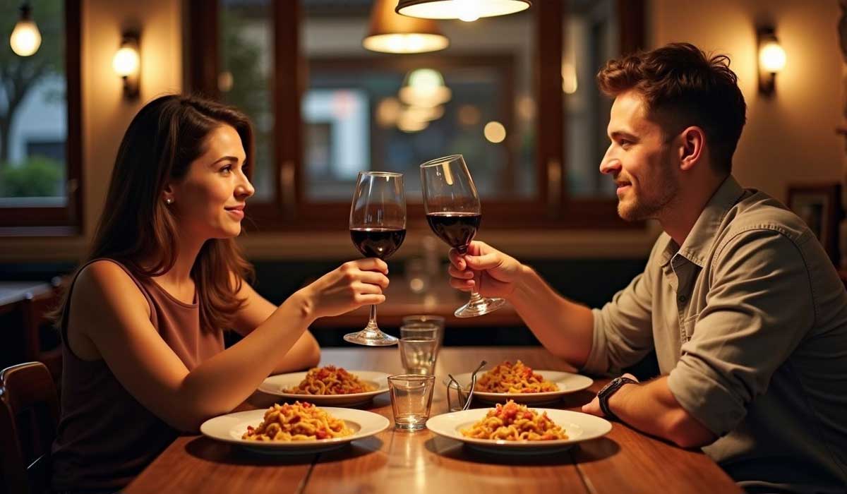 A man and woman sit at a restaurant table, clinking wine glasses over plates of pasta, in a warmly lit setting.
