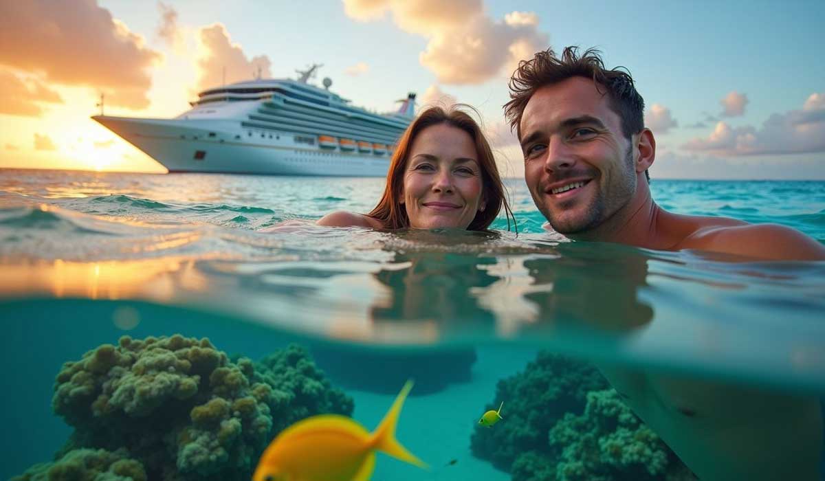 A man and woman swim in clear ocean water near coral and fish, with a large cruise ship in the background at sunset.