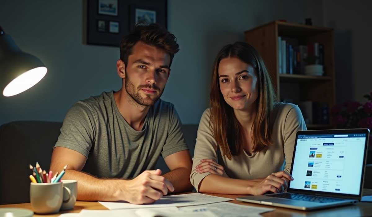 A man and woman sit at a table with papers and a laptop displaying a website, looking at the camera in a home office setting.