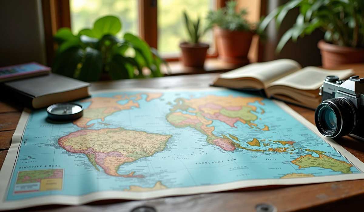 A world map is spread on a wooden table, surrounded by a magnifying glass, camera, books, and potted plants, with sunlight coming through a window in the background.