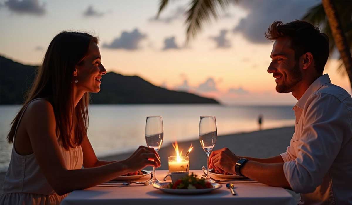 A man and woman sit at a candlelit table on a beach at sunset, smiling at each other with food and drinks in front of them.