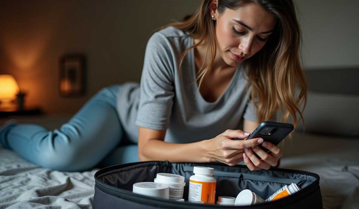 A woman lies on a bed, looking at her phone, with an open luggage case in front of her containing multiple prescription pill bottles and medication containers.