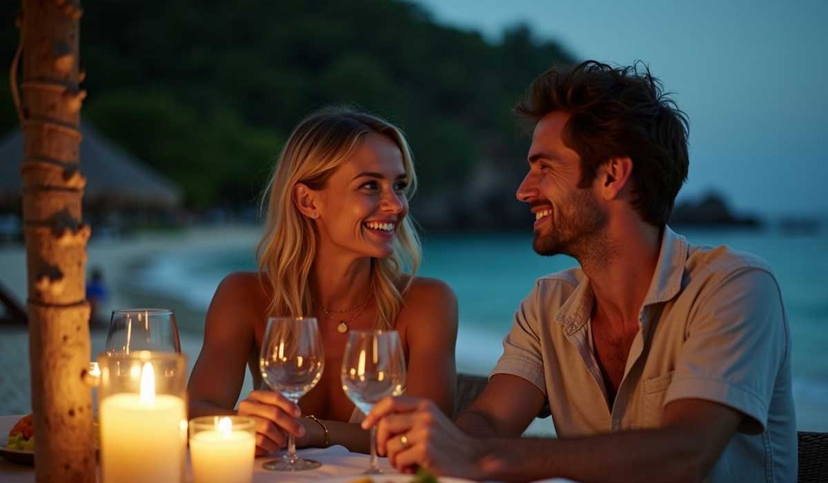 A man and woman sit at a candlelit table on a beach at dusk, smiling at each other and holding wine glasses, with the sea and trees in the background.