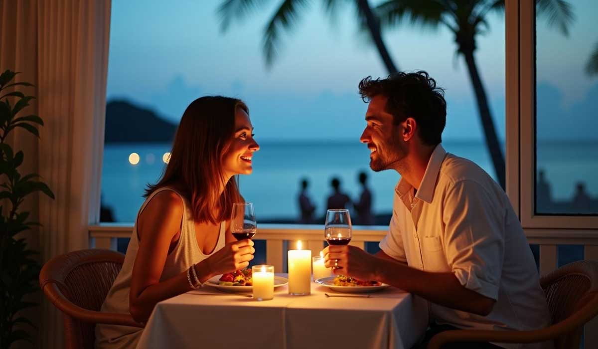 A couple sits at a candlelit table by a window, enjoying dinner and wine, with a beach and palm trees visible outside at dusk.