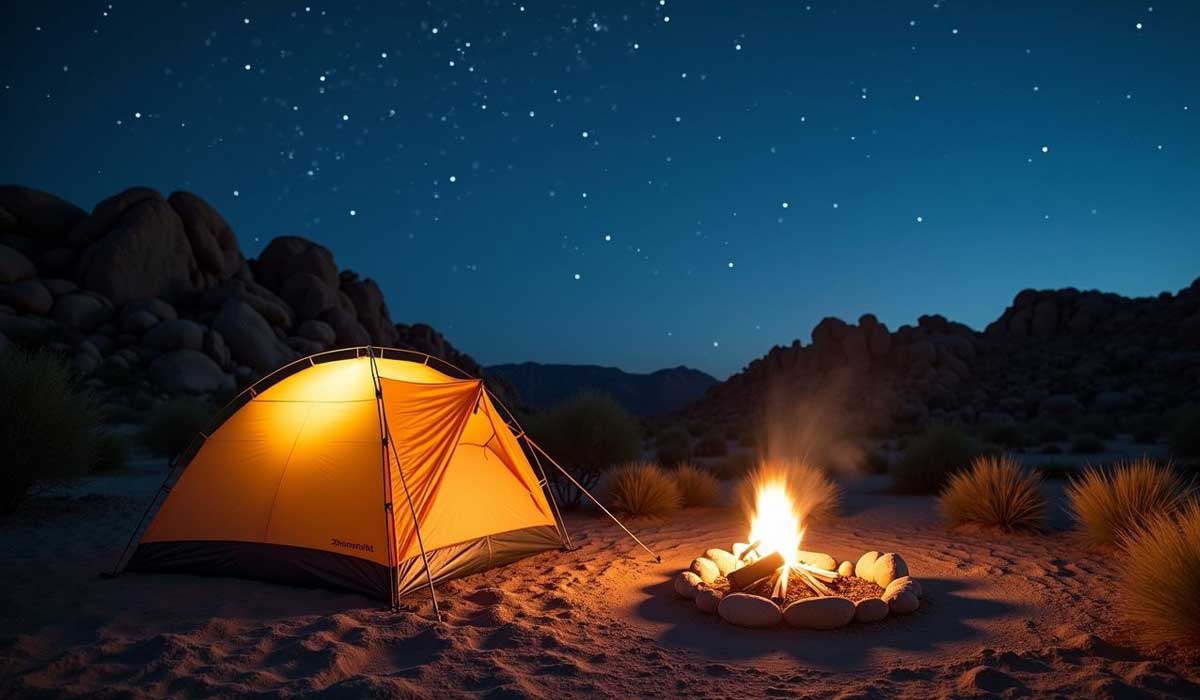 A lit orange tent and a campfire stand on sandy ground under a starry night sky with rocky hills in the background.