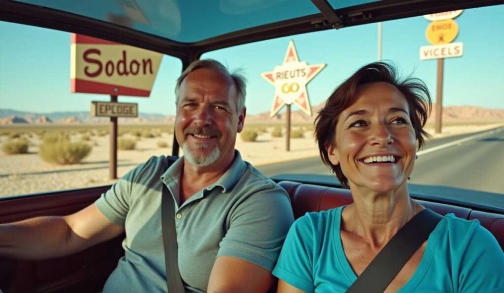 A smiling man and woman sit in a car driving through a desert landscape, with unusual road signs visible outside the windows.