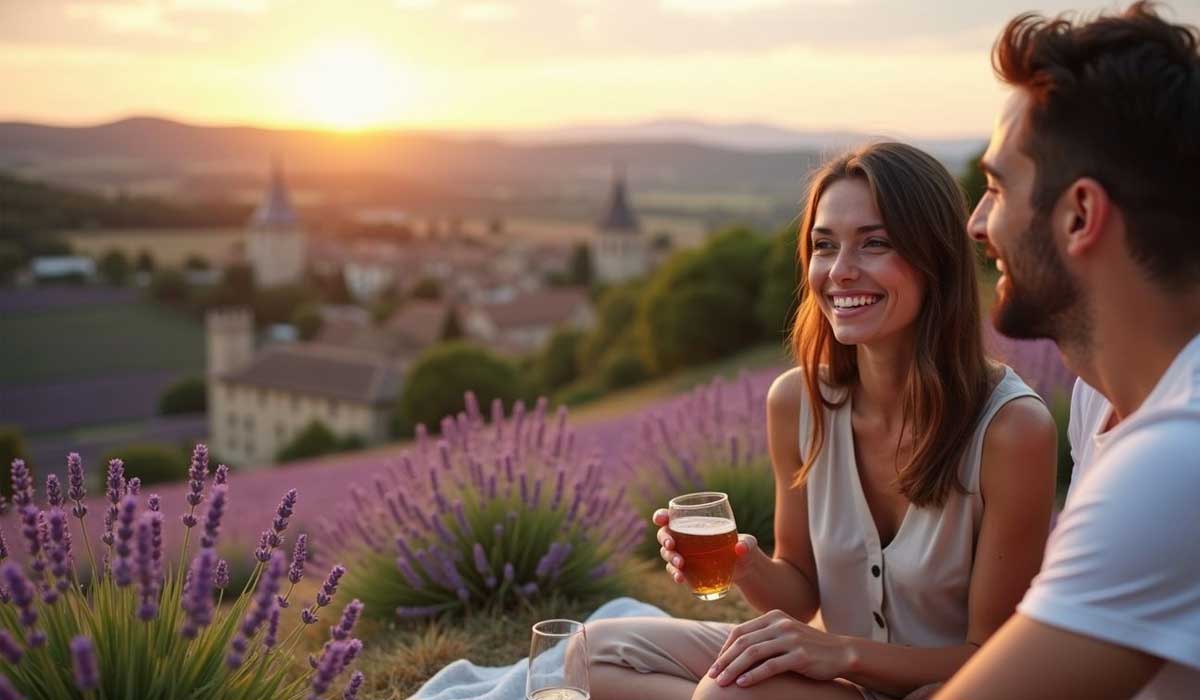 Two people sit on a picnic blanket among lavender fields at sunset, smiling and holding drinks with a scenic village visible in the background.