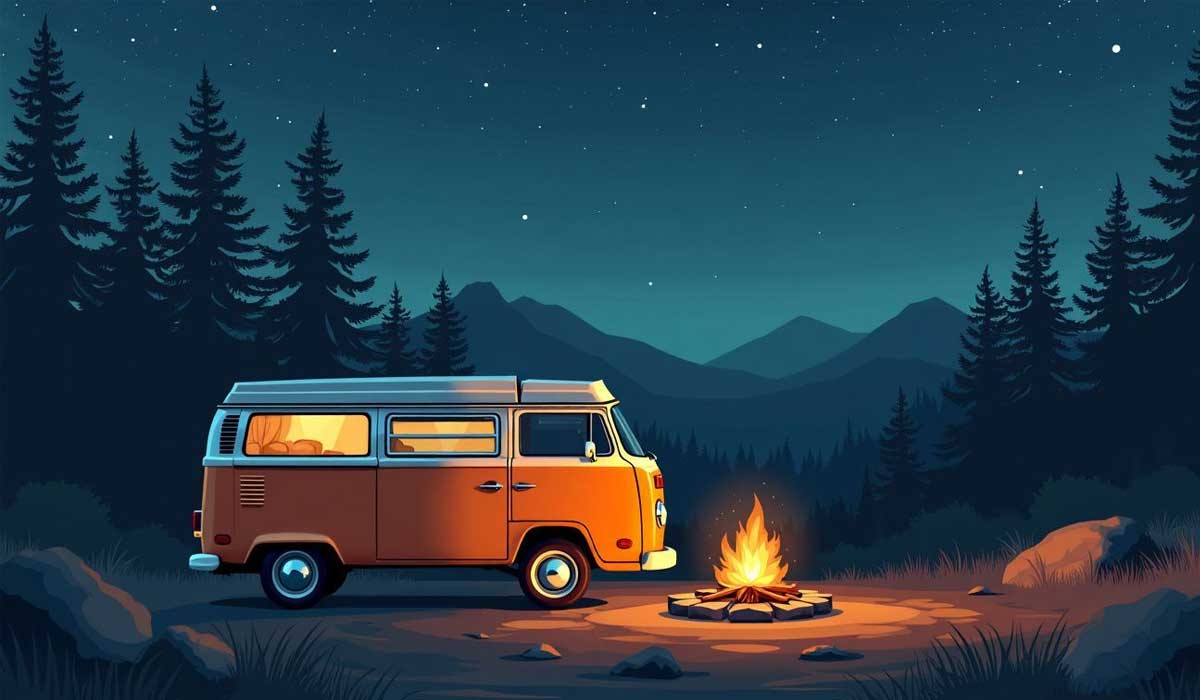 An orange camper van parked by a campfire in a forest clearing at night, with pine trees and mountains in the background under a starry sky.