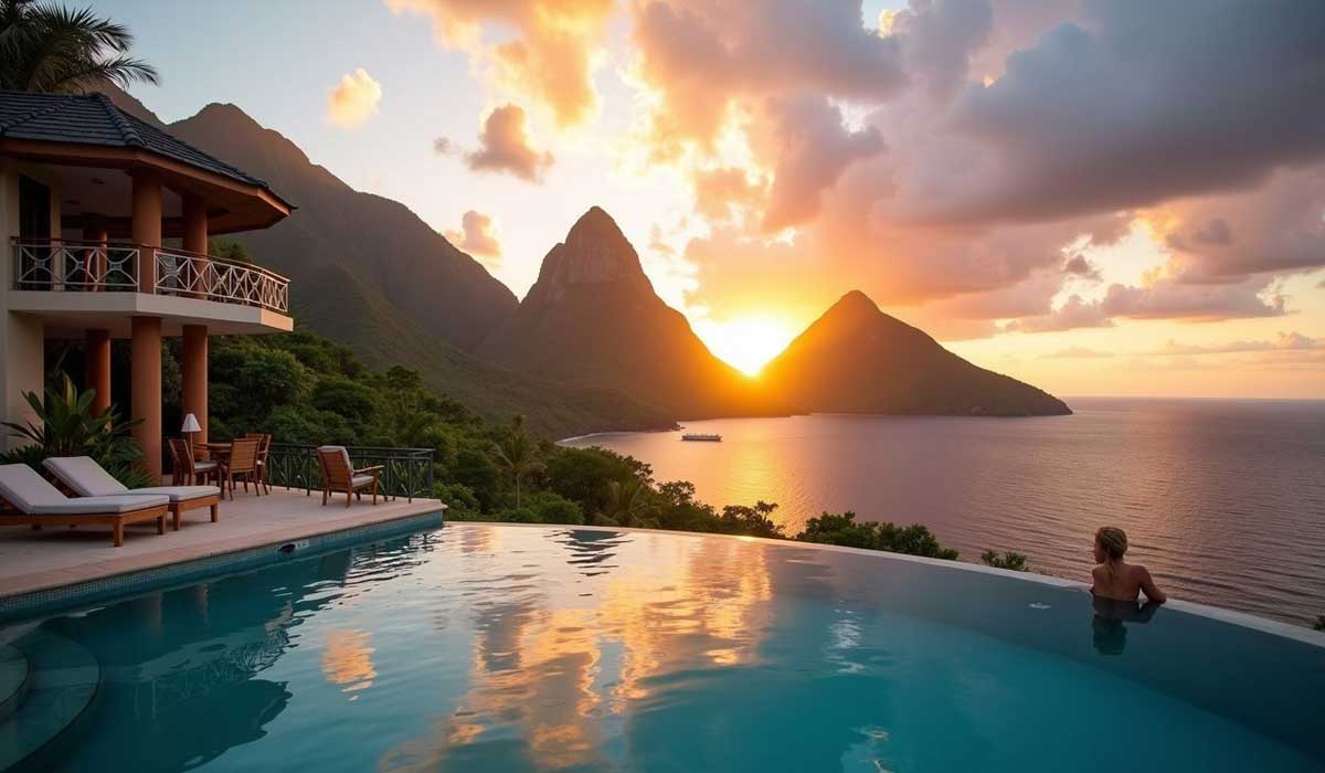 A person relaxes in an infinity pool overlooking the ocean at sunset, with mountains and a villa in the background.