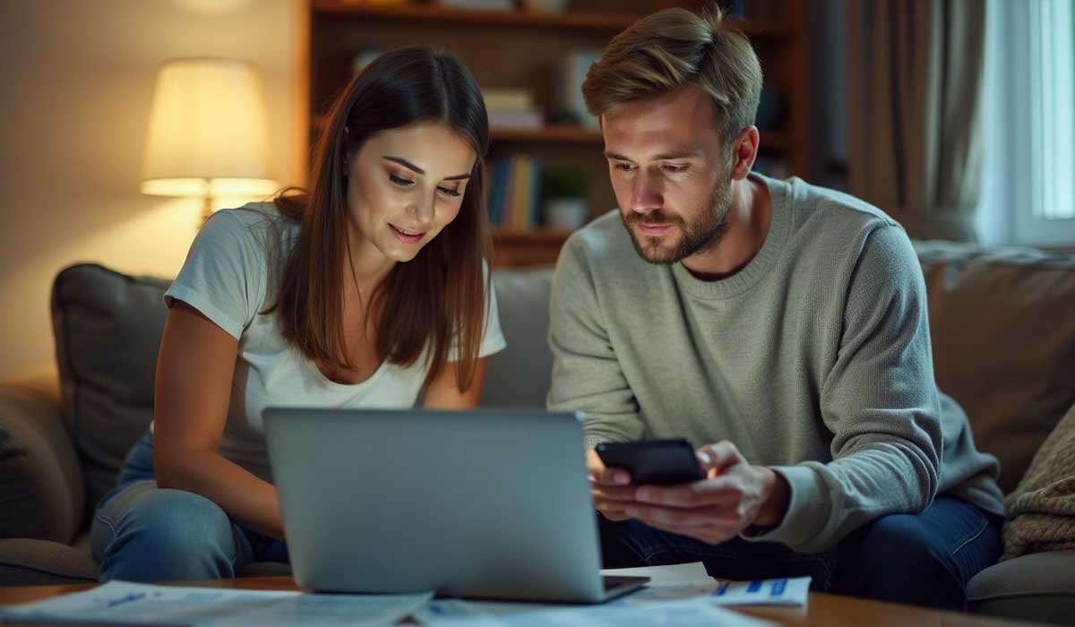 A man and a woman sit on a couch looking at a laptop, with papers spread on the table and a smartphone in the man’s hand.