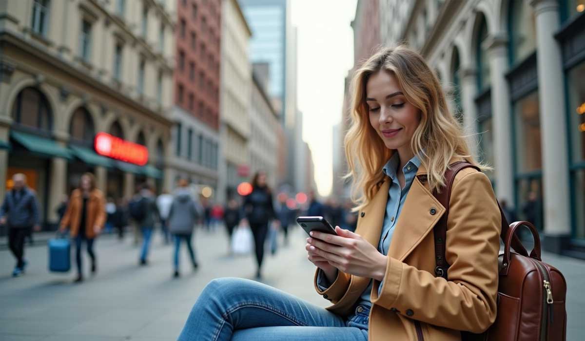 A woman sits on a busy city street, looking at her smartphone. She wears a tan coat and has a brown backpack, with buildings and pedestrians in the background.