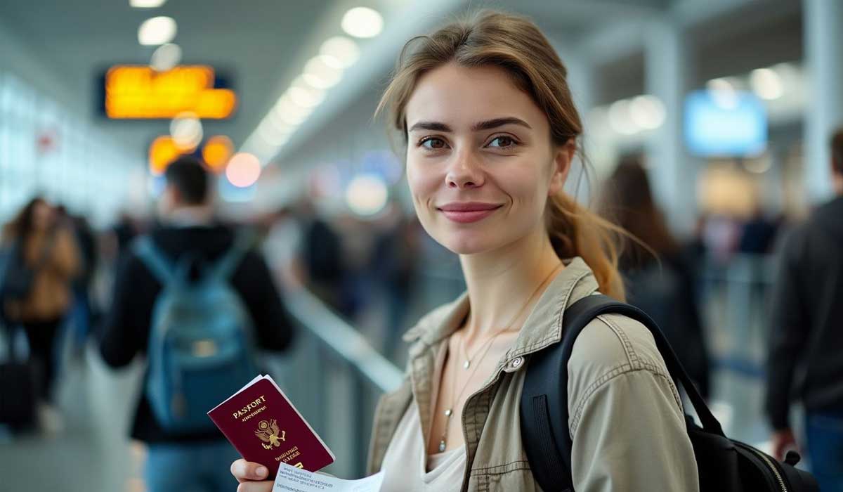 A woman holding a U.S. passport and travel documents stands in a busy airport terminal, with people and signs visible in the background.