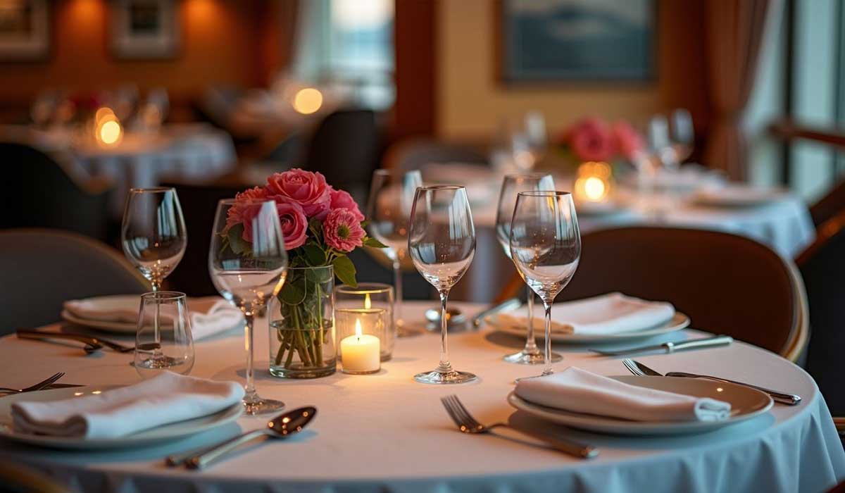 Round dining table set with white tablecloth, wine glasses, plates, cutlery, pink flower centerpiece, and a lit candle in an elegant restaurant setting.