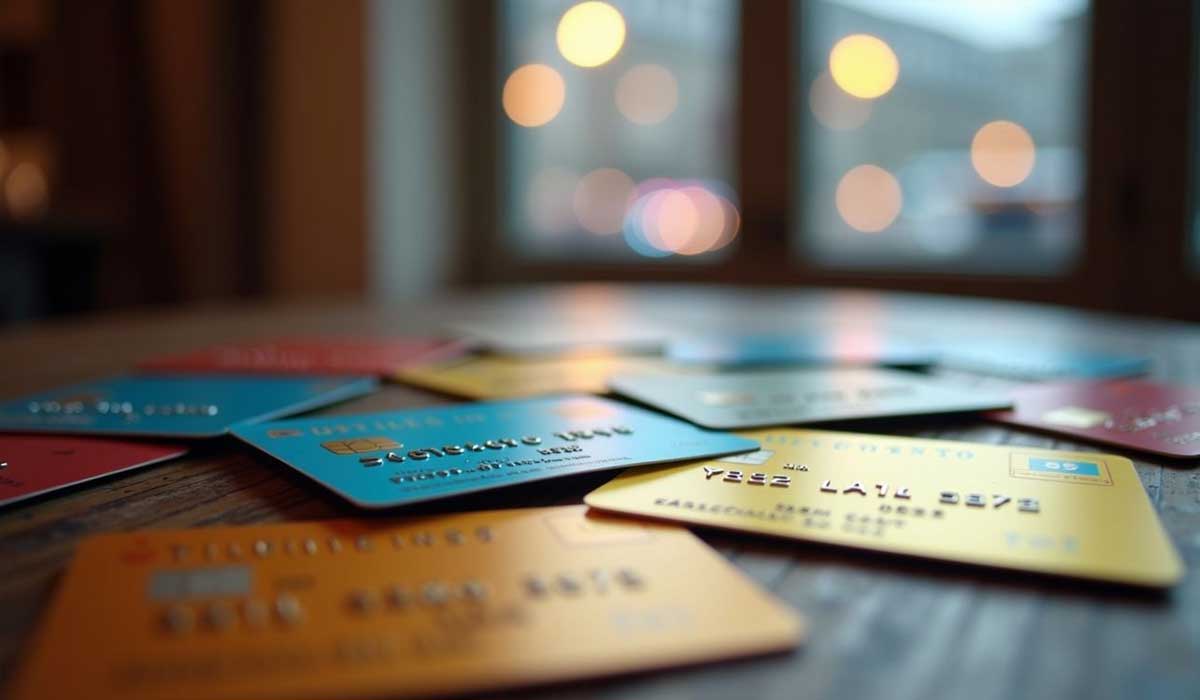 Several colorful credit cards are scattered on a wooden table, with a blurred window and lights in the background.