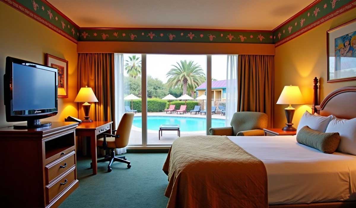 Hotel room with bed, desk, TV, armchair, and lamps; large windows show a pool area with lounge chairs, umbrellas, and palm trees outside.