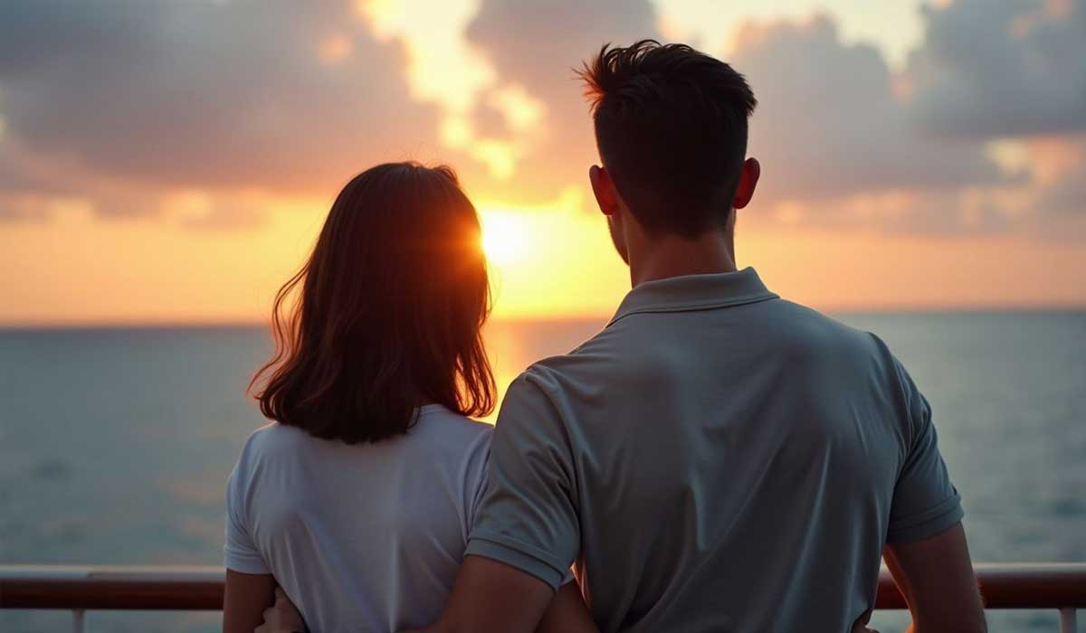 Two people stand close together on a deck, facing the ocean and watching the sun set behind clouds.