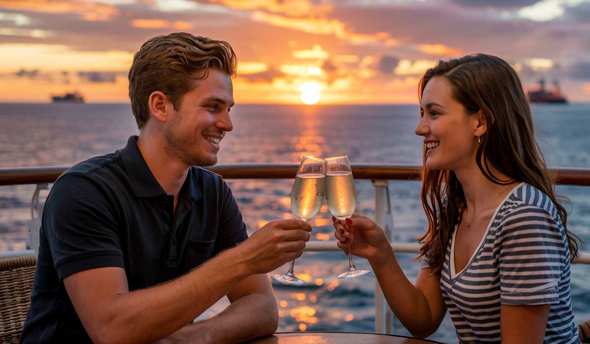 A man and woman smiling and toasting with champagne glasses on a boat at sunset, with the ocean and ships in the background.