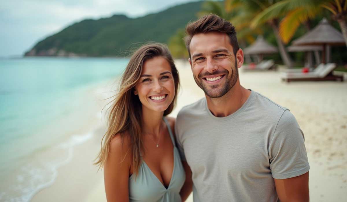 A smiling couple stands side by side on a sandy beach with palm trees, lounge chairs, and green hills visible in the background.