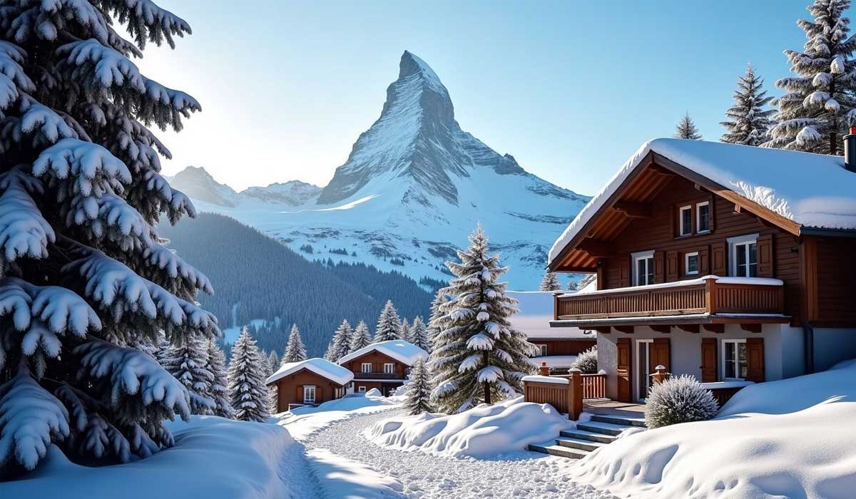 Snow-covered wooden chalets sit among pine trees, with a mountain peak rising in the background under a clear blue sky.