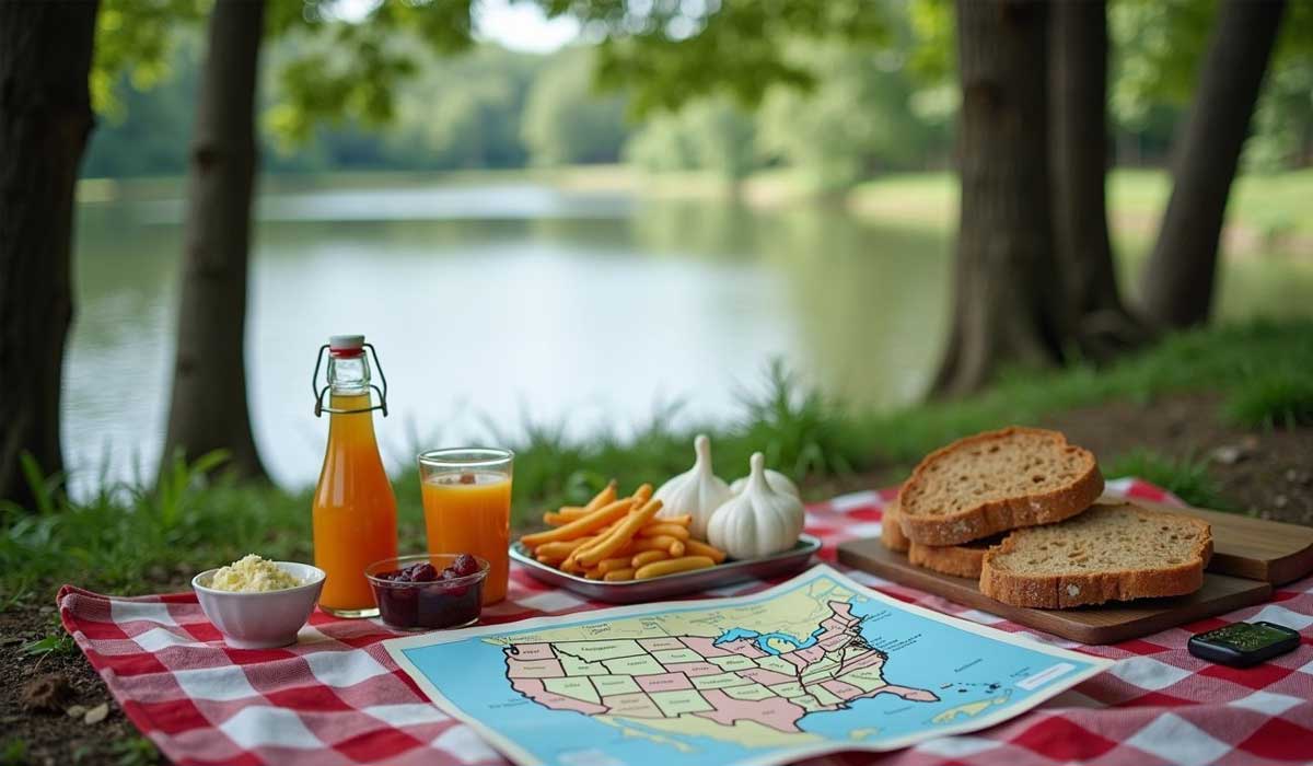 A picnic setup on a red checkered cloth by a lake, featuring juice, bread, vegetables, a map of the USA, and trees in the background.
