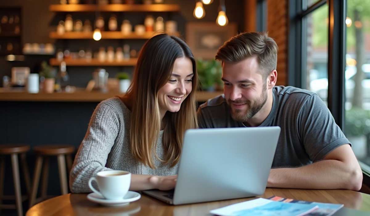 Two people sit at a wooden table in a cafe, smiling and looking at a laptop. A cup of coffee and papers are on the table, with warm lighting and shelves in the background.