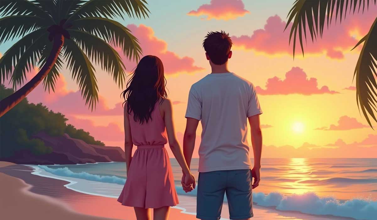A couple holding hands stands on a beach at sunset, with palm trees framing the scene and waves gently hitting the shore.
