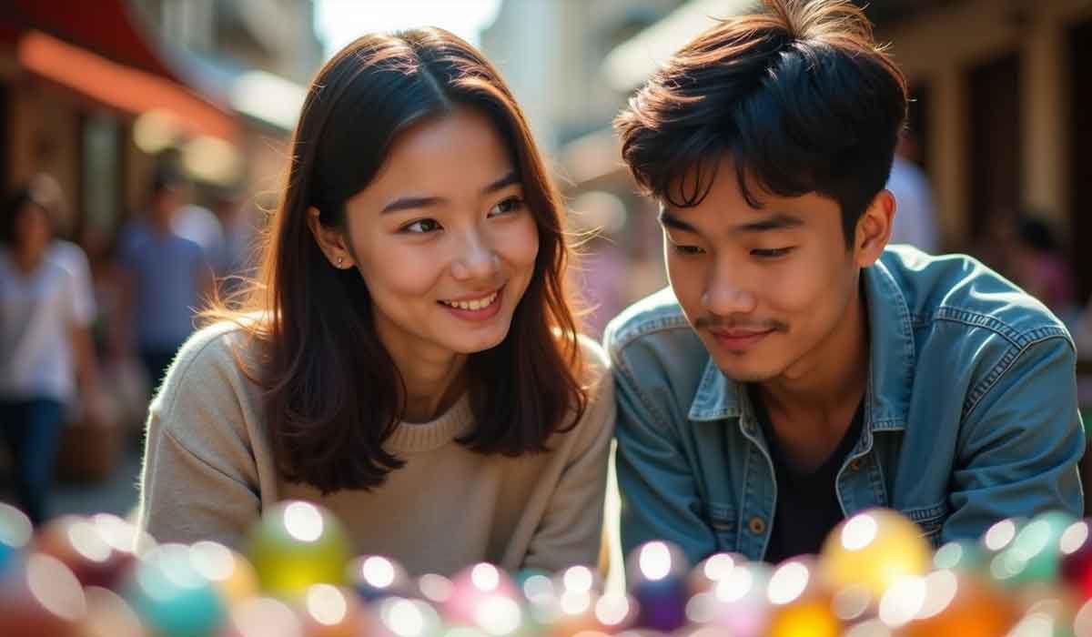 Two young adults sit closely together outdoors, smiling and looking at colorful objects in front of them, with a blurred street scene in the background.