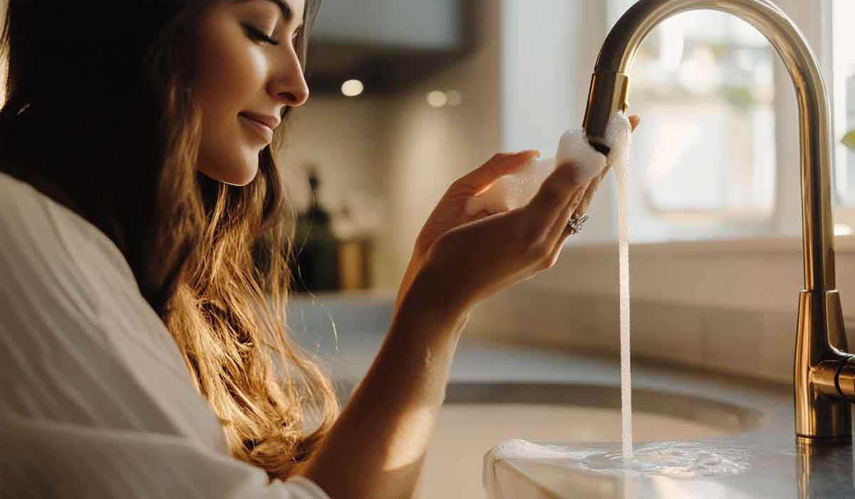 Woman washing her hands with soap under a running kitchen faucet, sunlight streaming through a window in the background.