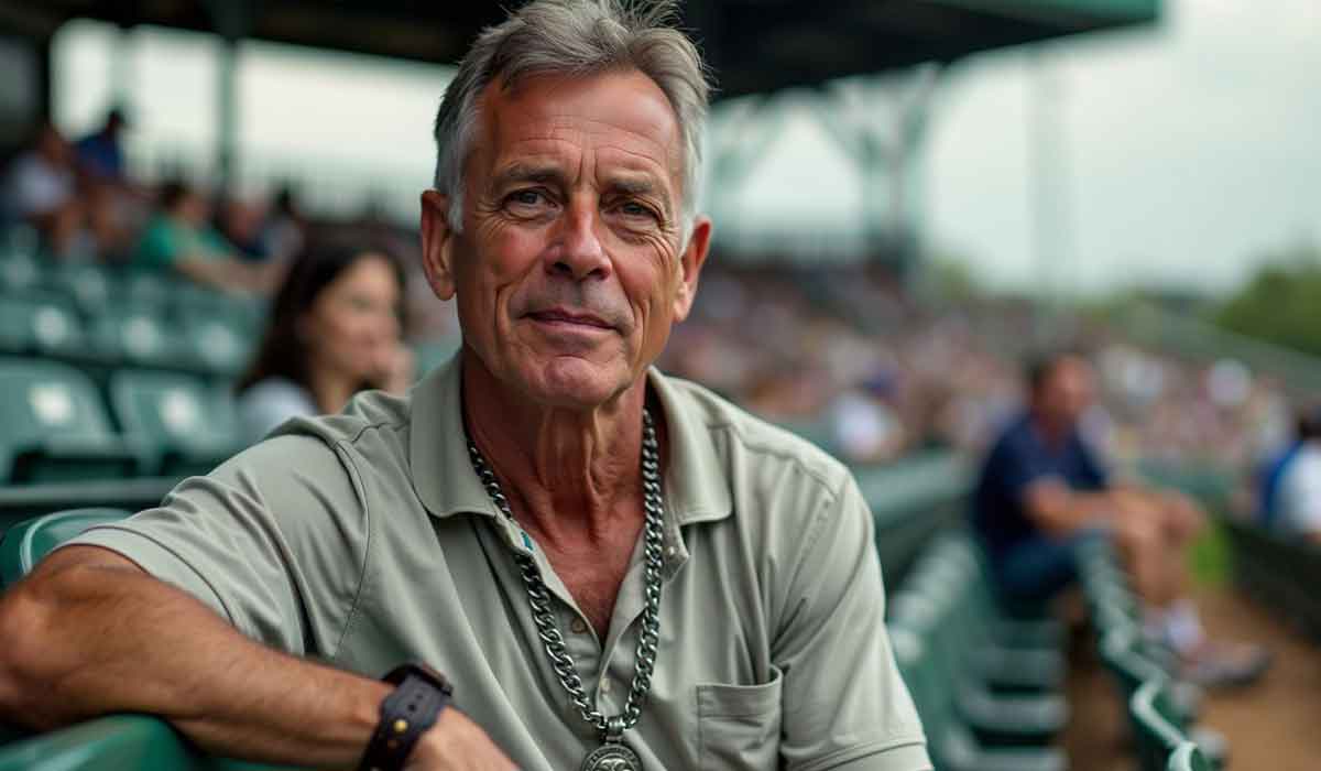 Older man wearing a light gray polo shirt and necklace sits in a stadium seat, looking at the camera. Blurred spectators are visible in the background.
