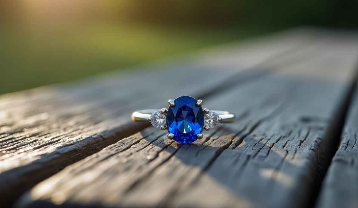 A silver ring with an oval blue gemstone and two clear side stones rests on a wooden surface outdoors.
