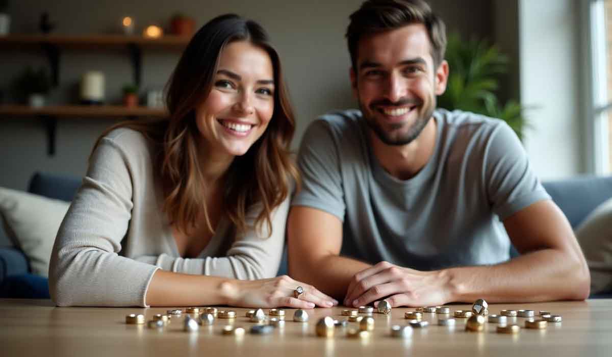 A smiling woman and man sit at a wooden table covered with rings, looking at the camera in a cozy living room.