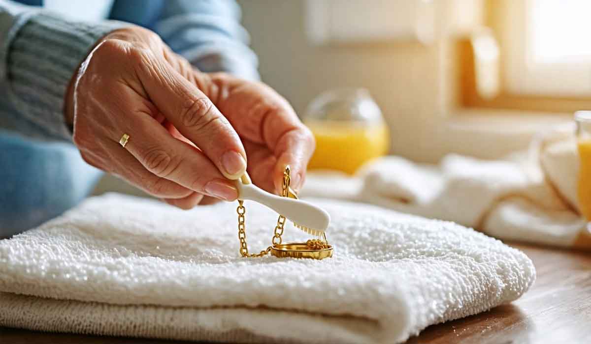 A person uses a small brush to clean a gold necklace on a white towel, with a glass of orange juice in the background.