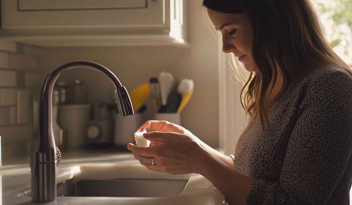 A woman stands at a kitchen sink washing a white egg under running water, with sunlight coming through a nearby window.